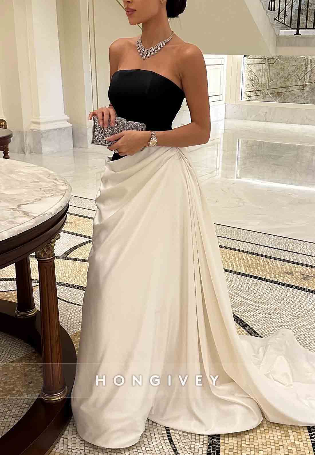 Elegant Strapless A-Line Satin Court Train Sleeveless Pleated Evening Gowns