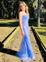Mermaid Spagehtti Straps Lilac Lace Sequin Long Prom Dresses