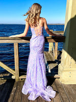 Mermaid Spagehtti Straps Lilac Lace Sequin Long Prom Dresses