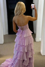 Strapless A Line Chiffon Tiered Lavender Prom Dresses With Bow