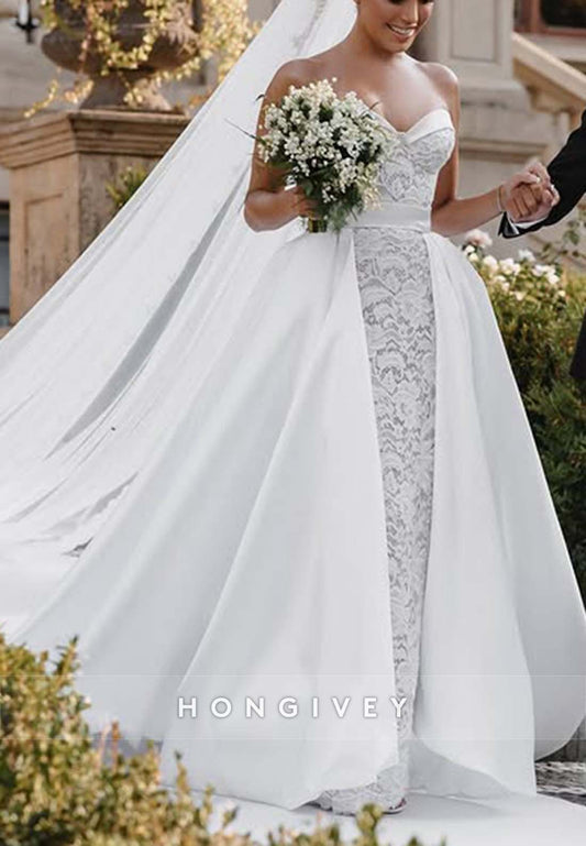 High Slit Lace Strapless Sweetheart Princess Ornate Wedding Dresses