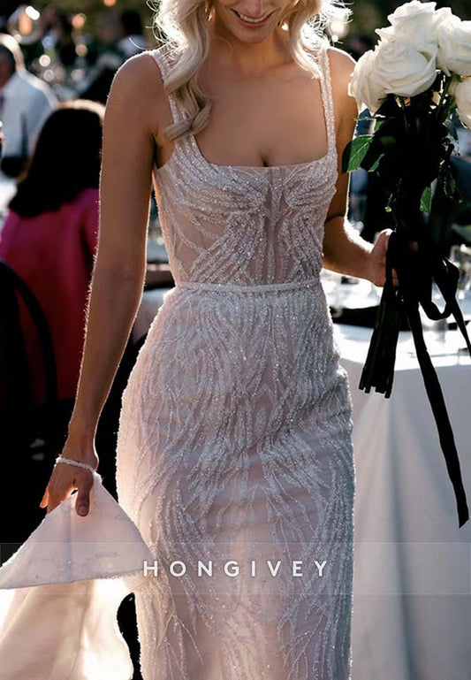 Backless Regular Straps Sleeveless Sheath Square Beading Wedding Dresses