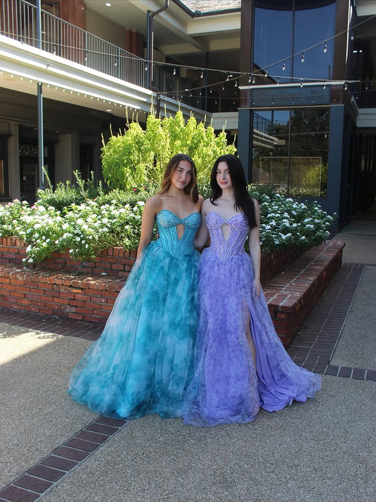 Sweetheart Cut Outs Sleeveless Flower Floral Print A-Line Side Prom Dress Floor-Length