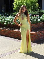 Halter Yellow Sleeveless Sequins Mermaid Side Slit Cut Outs Prom Dress