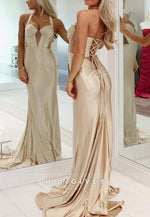 Pearl Halter Sweetheart Mermaid Evening Prom Dresses with Sweep Train