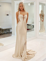 Mermaid V Neck Champagne Satin Long Prom Dresses with Beading