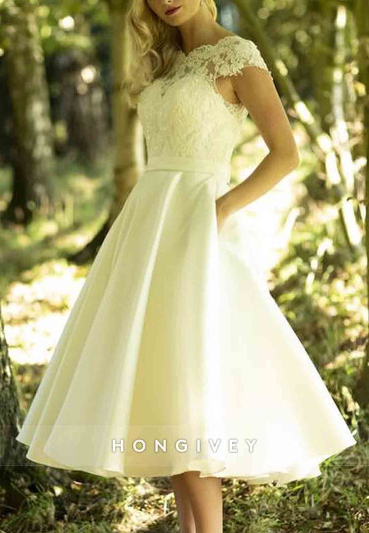 Pleated A-line Tea-Length Lace Cap Sleeves Scalloped Neck Wedding Dresses