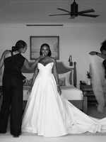 Elegant Long Ball Gown Ivory V-neck Sleeveless Satin Wedding Dress