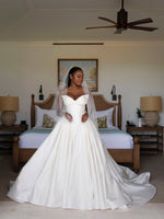Elegant Long Ball Gown Ivory V-neck Sleeveless Satin Wedding Dress