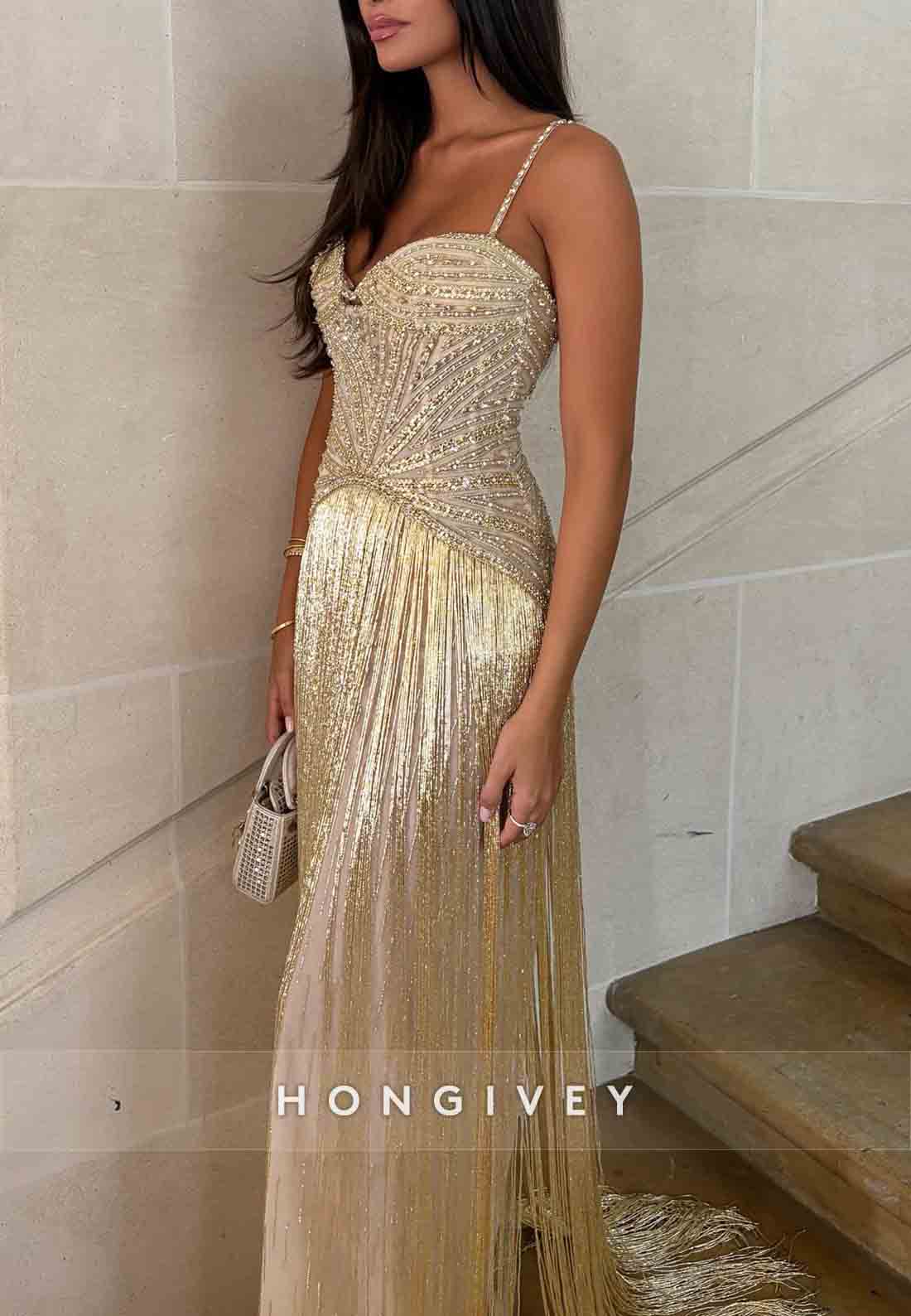 Sweetheart Spaghetti Straps Colum Floor-Length Prom Dresses with Tassel and Beading