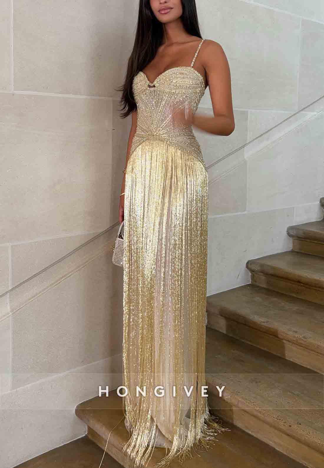 Sweetheart Spaghetti Straps Colum Floor-Length Prom Dresses with Tassel and Beading