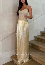 Sweetheart Spaghetti Straps Colum Floor-Length Prom Dresses with Tassel and Beading