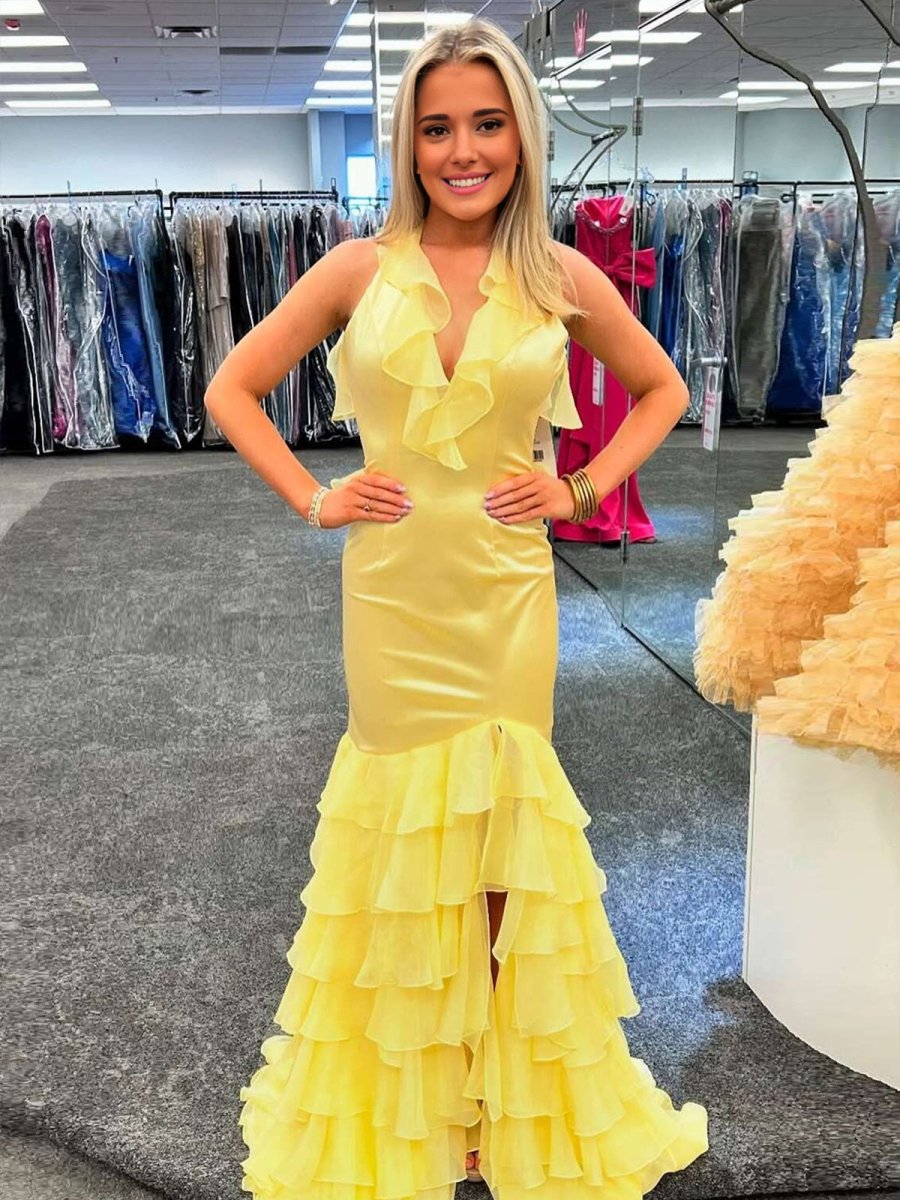 Yellow V Neck Satin Mermaid Ruffles Long Prom Dress
