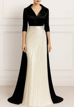 Black Tie Formal Wedding Half Sleeves Column Satin Evening Gown with Ruffles
