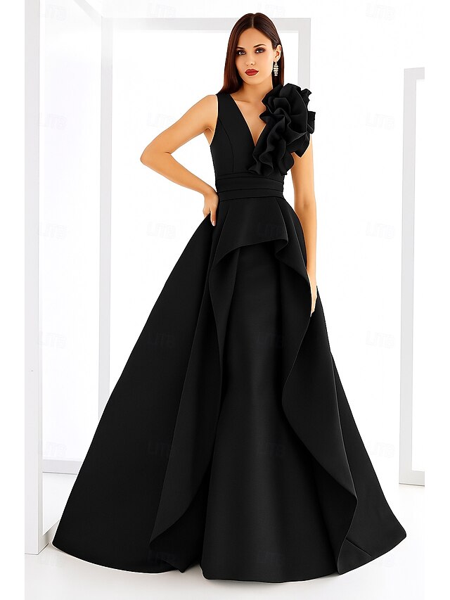 V Back Ruched Floor-Length A-Line V-Neck Sleeveless Evening Gowns