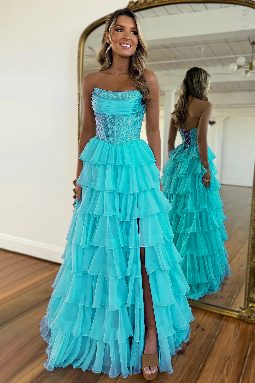 Gorgeous A Line Strapless Daffodial Tiered Chiffon Prom Evening Dresses with Hot Stone