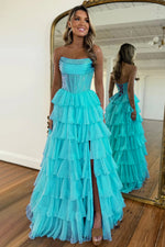 Gorgeous A Line Strapless Daffodial Tiered Chiffon Prom Evening Dresses with Hot Stone