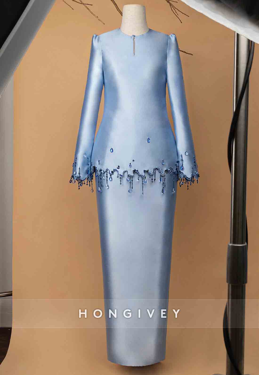 Satin Floor-Length Long Sleeves Sheath Tassel Mother of the Bride Dress