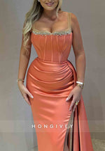 Satin Side Draping Regular Straps High Slit Sheath Prom Dresses