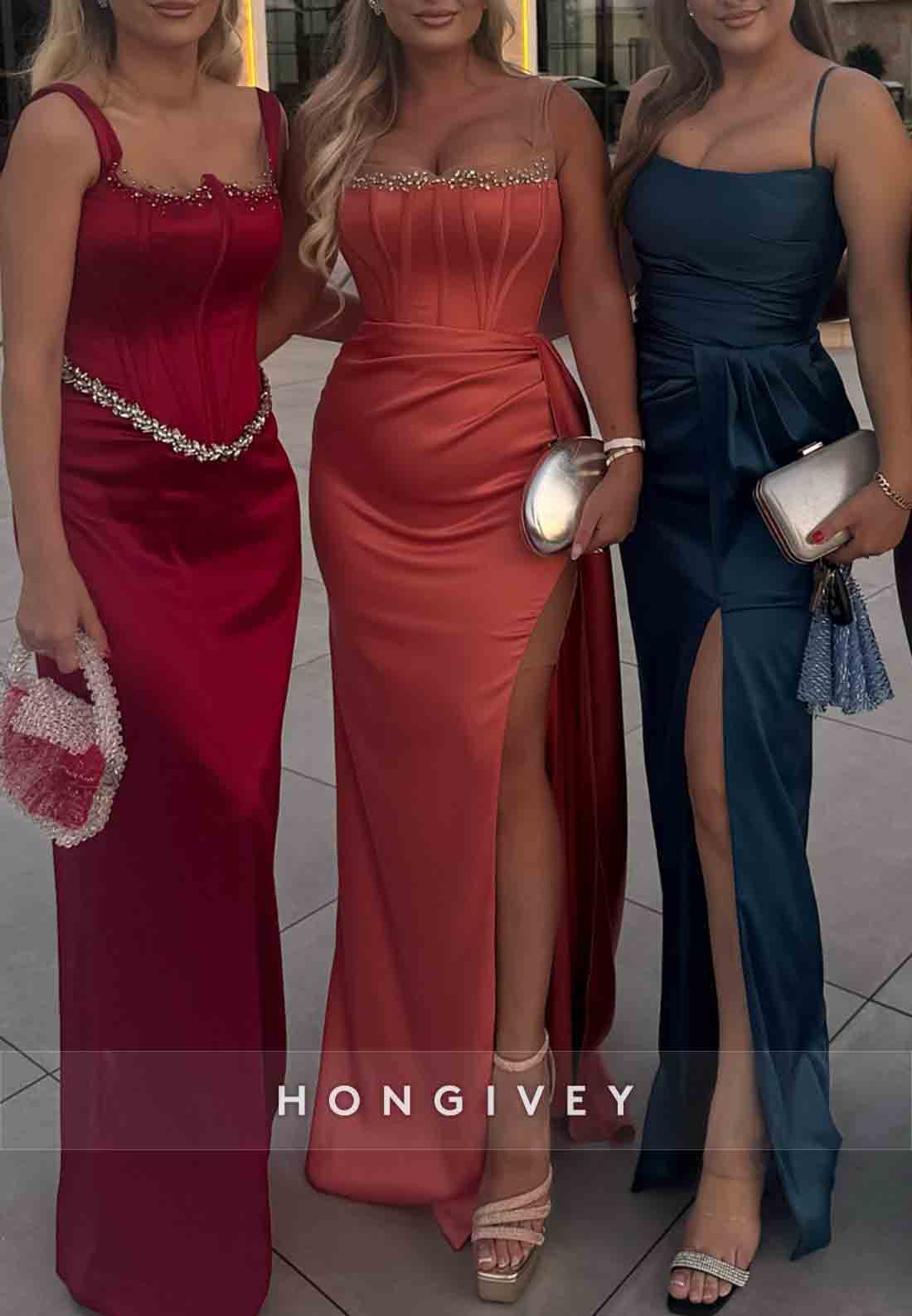 Satin Side Draping Regular Straps High Slit Sheath Prom Dresses