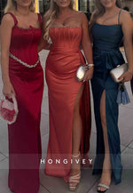 Satin Side Draping Regular Straps High Slit Sheath Prom Dresses