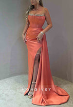Satin Side Draping Regular Straps High Slit Sheath Prom Dresses