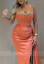 Satin Side Draping Regular Straps High Slit Sheath Prom Dresses