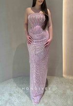Sparkly Pink Strapless Column Prom Dresses with Beading and Rhinestone