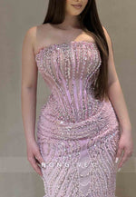 Sparkly Pink Strapless Column Prom Dresses with Beading and Rhinestone
