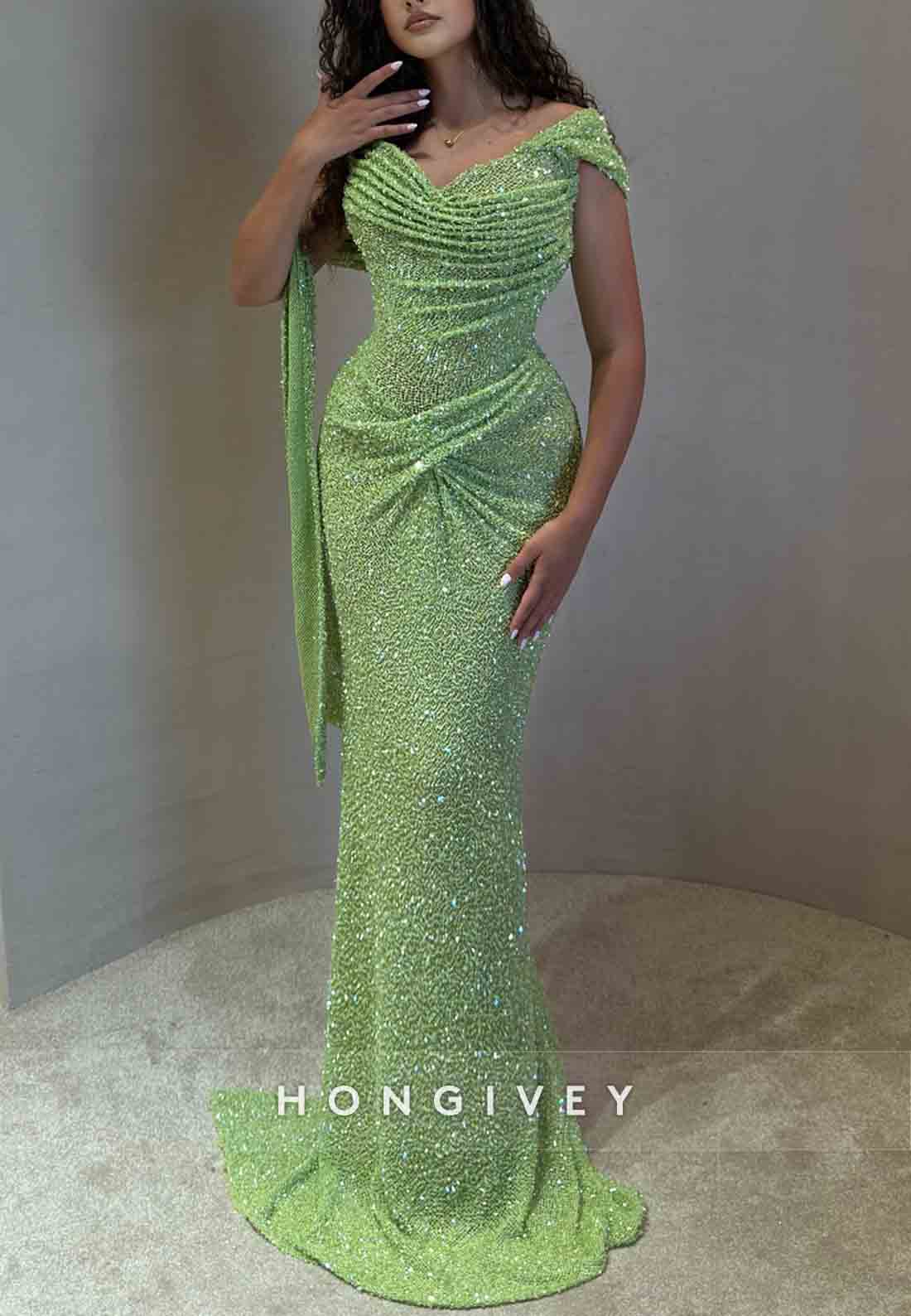 Mermaid Green Glitter Knit Asymmetrical Shoulder Pleated Prom Dresses