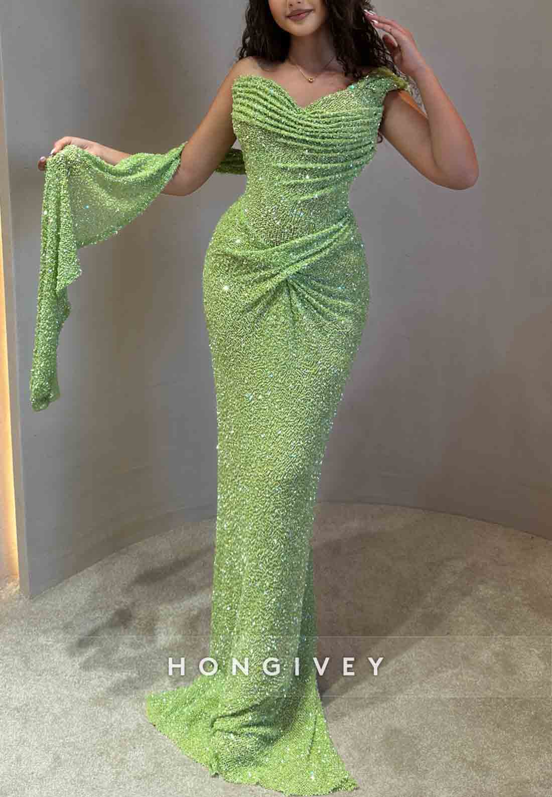Mermaid Green Glitter Knit Asymmetrical Shoulder Pleated Prom Dresses