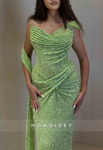 Mermaid Green Glitter Knit Asymmetrical Shoulder Pleated Prom Dresses