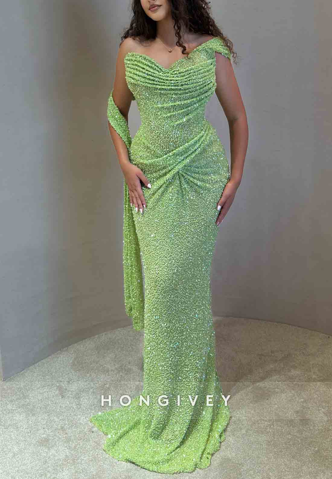 Mermaid Green Glitter Knit Asymmetrical Shoulder Pleated Prom Dresses