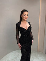 Black Lace Beaded Sparkle Long Sleeve Mermaid Prom Dress
