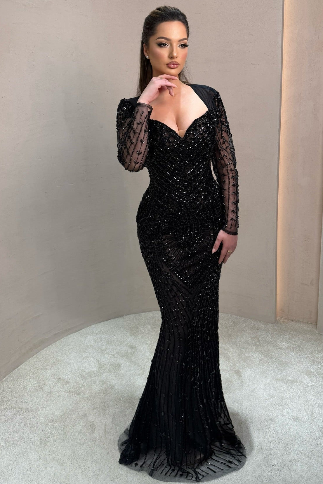 Black Lace Beaded Sparkle Long Sleeve Mermaid Prom Dress