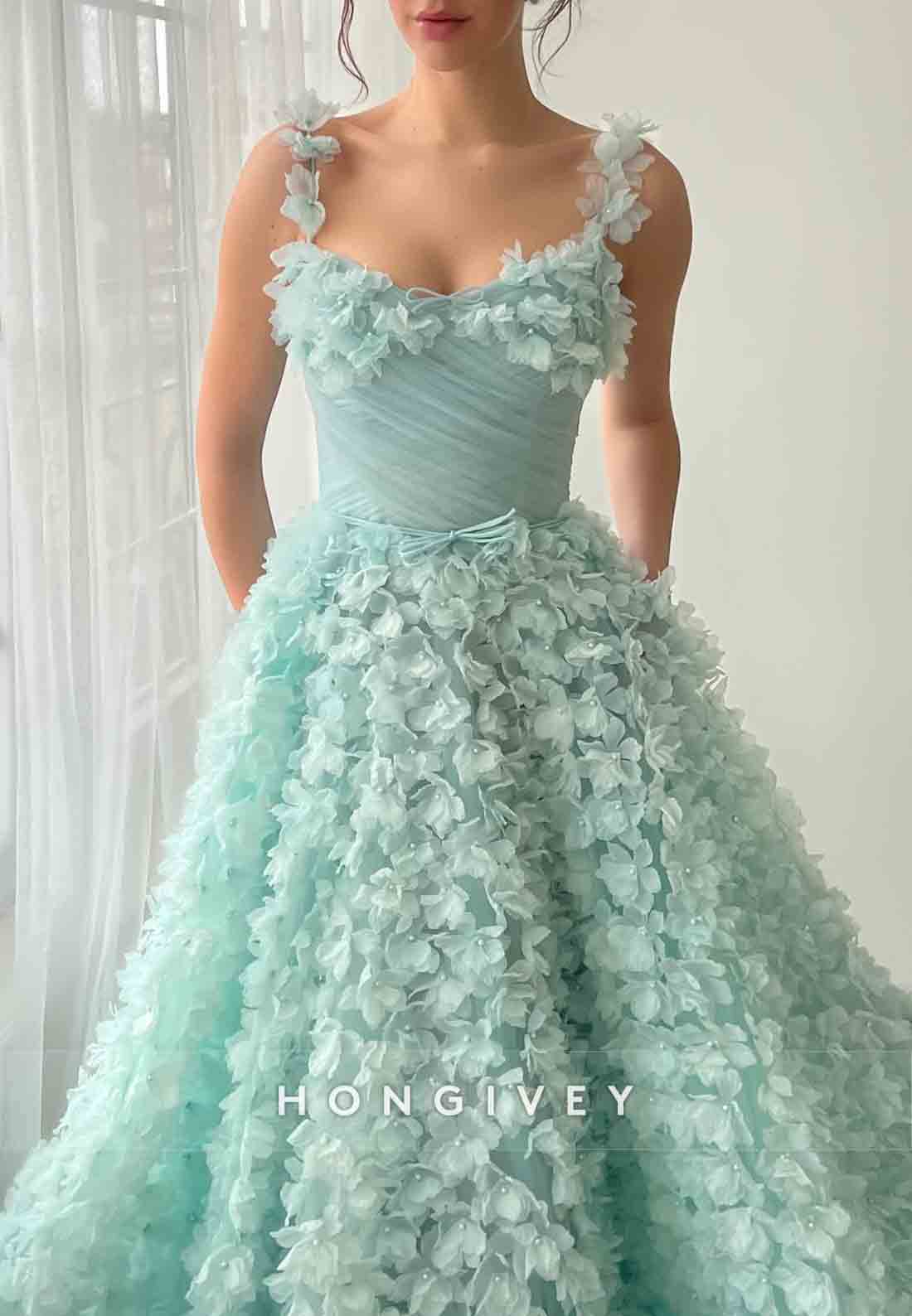 A-Line Shoulder Flower Party Dresses Empire Prom Dresses with 3D Flowers