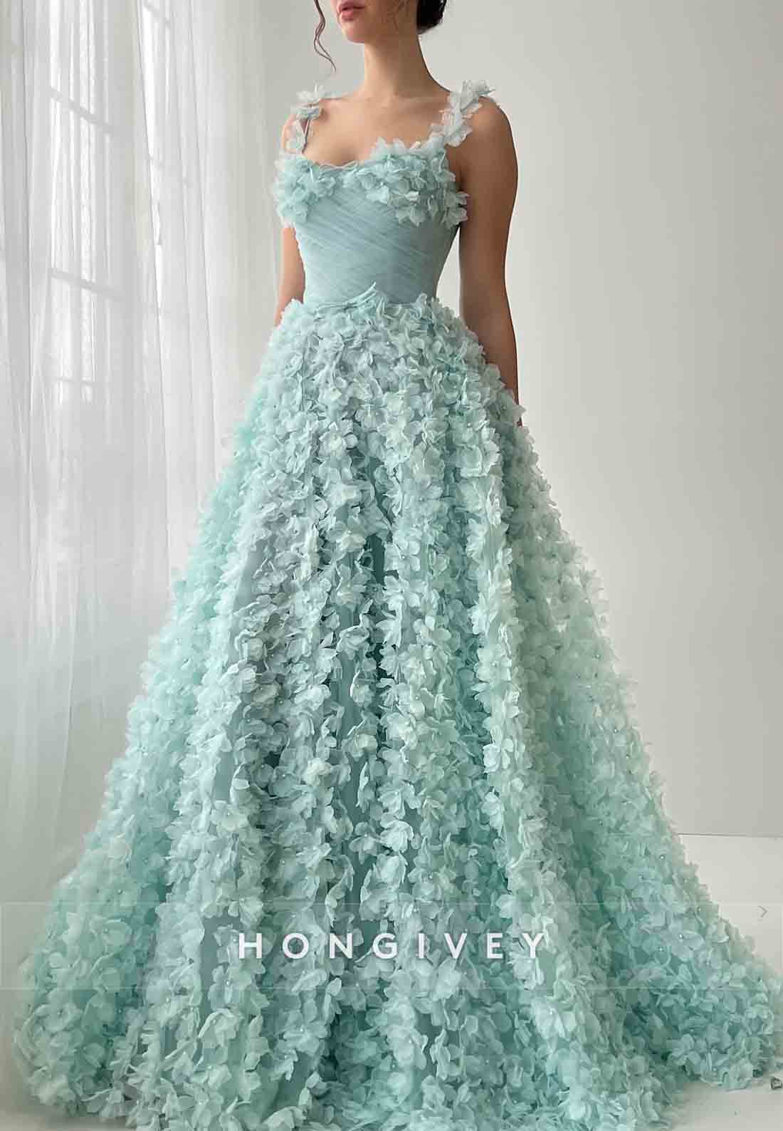 A-Line Shoulder Flower Party Dresses Empire Prom Dresses with 3D Flowers