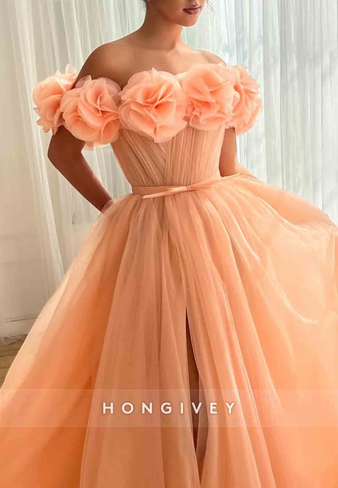 Tangerine Off the Shoulder A-Line High Slit Prom Dresses with 3D Flowers