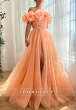 Tangerine Off the Shoulder A-Line High Slit Prom Dresses with 3D Flowers