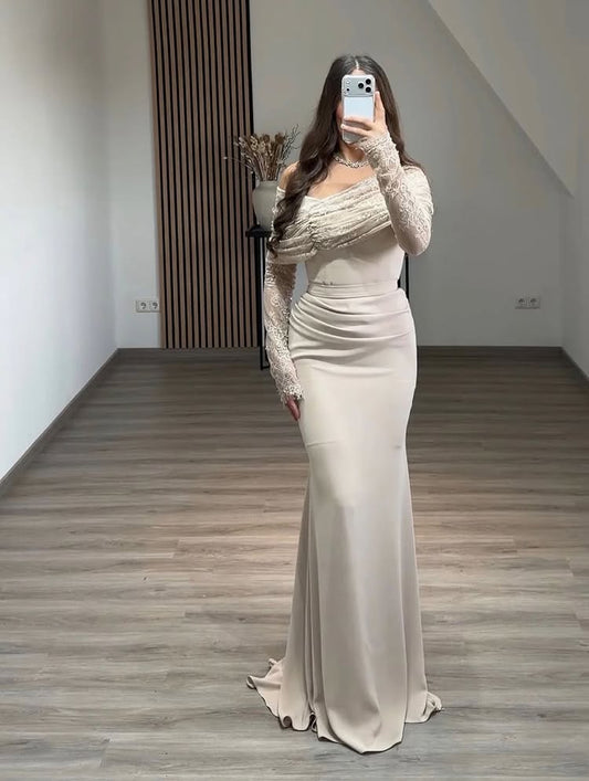 Lace Long Sleeve Off the Shoulder Mermaid Floor-Length Evening Dress