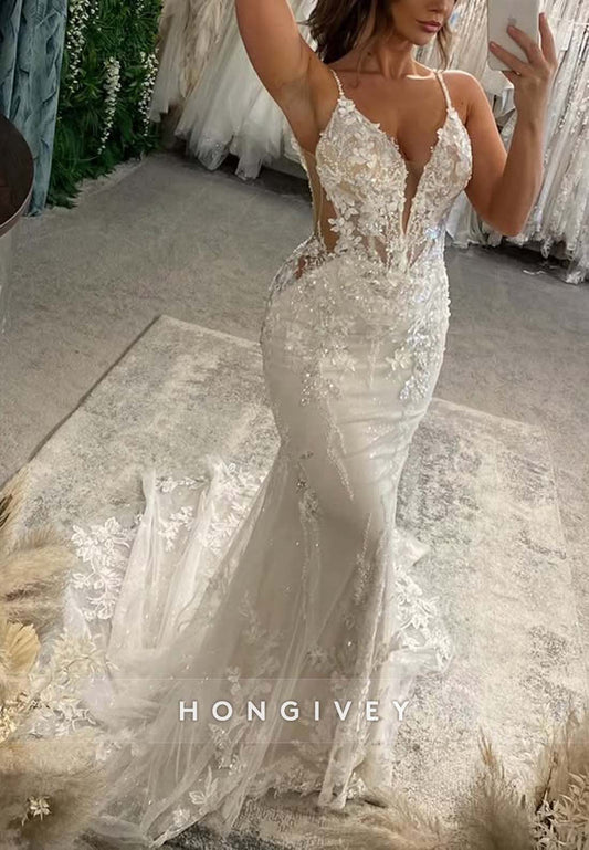 V Back Regular Straps Sleeveless Lace Tulle V Neck Chapel Train Wedding Dresses
