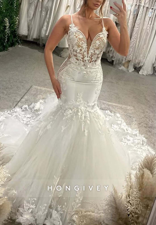 Chapel Train Regular Straps Sleeveless V Neck Lace Crisscross Back Mermaid Wedding Dresses