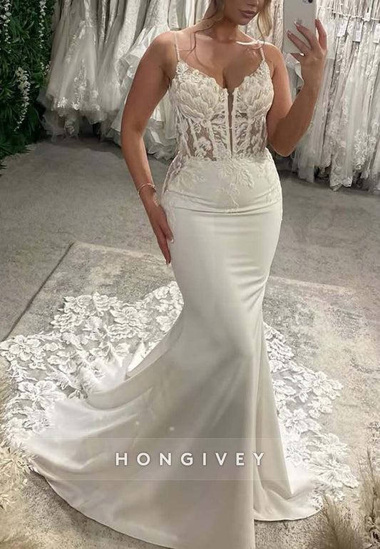 Regular Straps Sleeveless Lace Chapel Train Trumpet V Neck Low Back Wedding Dresses