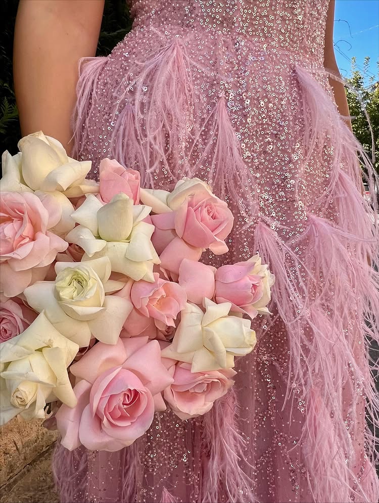 Pink Halter Sleevless Sequins Sparkle Mermaid Feather Floor-Length Prom Dress