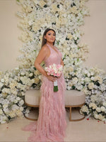 Pink Halter Sleevless Sequins Sparkle Mermaid Feather Floor-Length Prom Dress