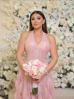 Pink Halter Sleevless Sequins Sparkle Mermaid Feather Floor-Length Prom Dress