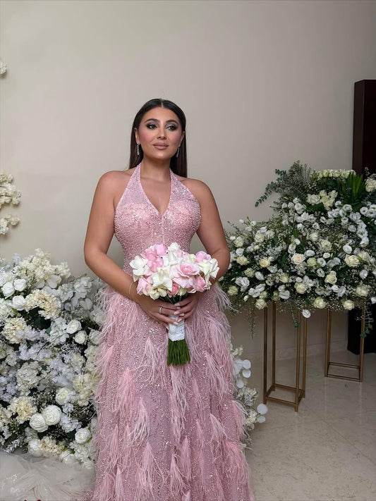 Pink Halter Sleevless Sequins Sparkle Mermaid Feather Floor-Length Prom Dress