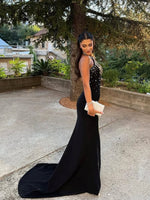Halter Beaded Sleeveless Sparkle Mermaid Backless Evening Dress