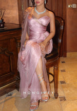 Pale Blush One Shoulder Side Draping Sheath Ruched Floor-Length Evening Gowns