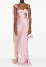 Pale Blush One Shoulder Side Draping Sheath Ruched Floor-Length Evening Gowns